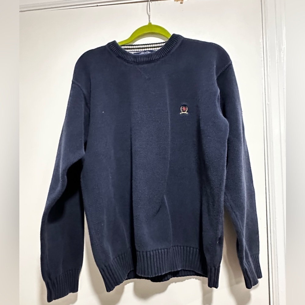 VTG 90s Tommy Hilfiger Navy Crew Neck Heavy Cotton Pullover Sweater Men's Sz XL.